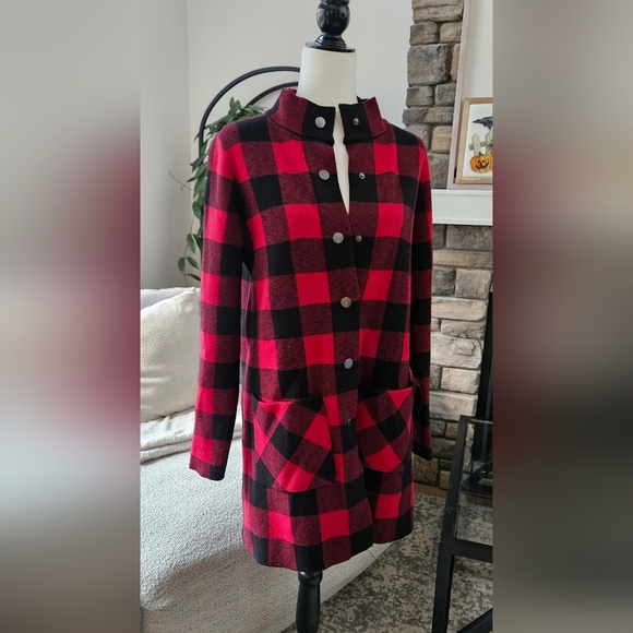 Max Studio Red and Black Plaid Sweater Coat - Picture 1 of 5